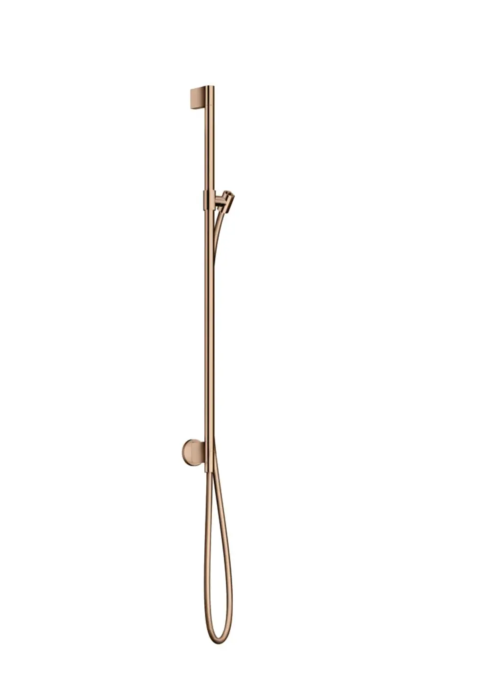Brausestange mit Wandanschluss und Brauseschlauch, in poliertem Rotgold, von AXOR. Die Stange ist vertikal montiert und hat eine schlichte Form.